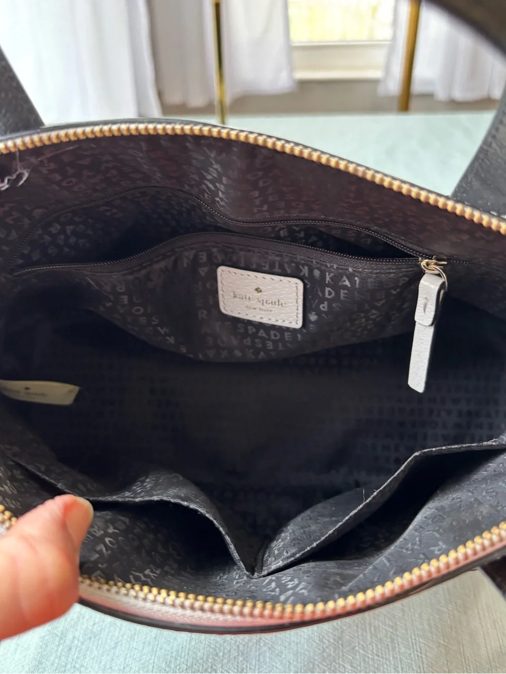 kate spade Black and Dove Gray Leather Dome Satchel with Removable Strap